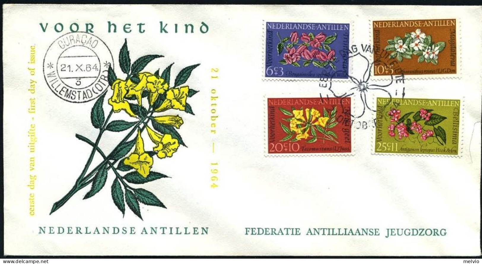1964-Antille Olandesi S.4v."Pro Infanzia,fiori"su Fdc Illustrata - West Indies