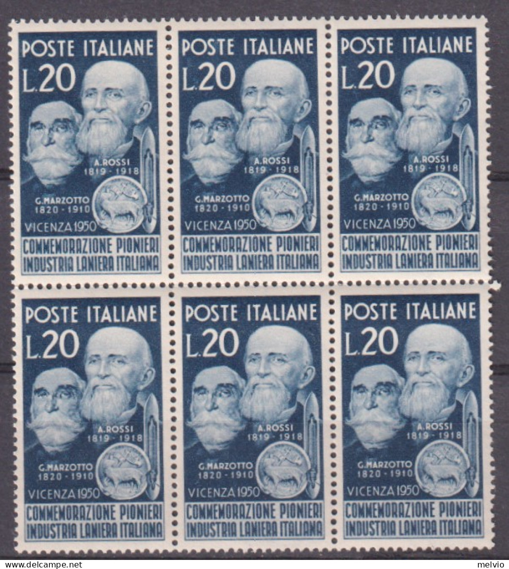 1950-Italia (MNH=**) Blocco Di 6 Pionieri Industria Laniera - 1946-60: Mint/hinged