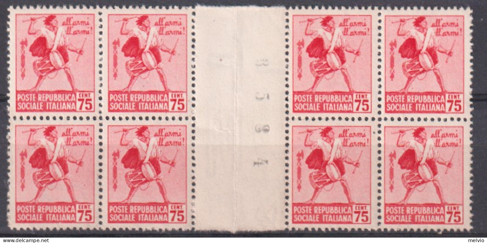 1944-Italia (MNH=**) Due Quartine Del 75c.con Interspazio Di Gruppo Numerato - Neufs