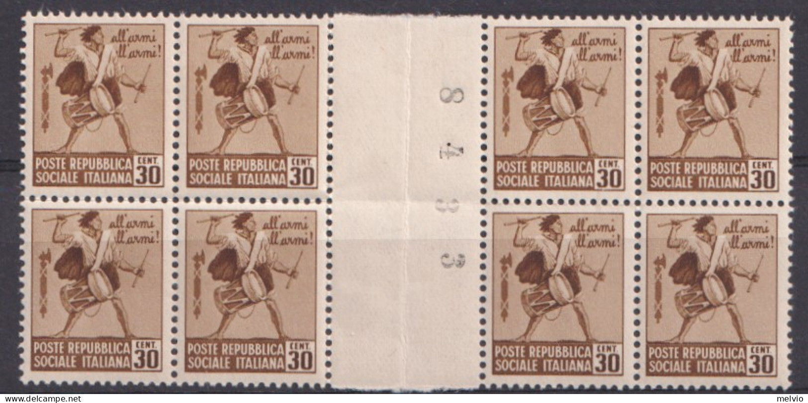 1944-Italia (MNH=**) Due Quartine Del 30c.Taamburino Con Interspazio Di Gruppo N - Mint/hinged