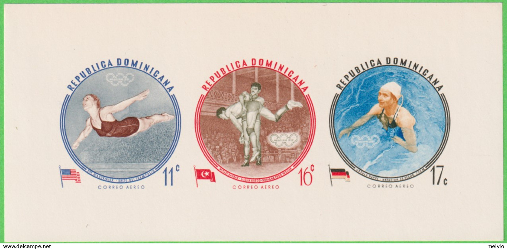 1956-Dominicana (MNH=**) Foglietto 3v.Melbourne Non Dentellato - Dominicaine (République)
