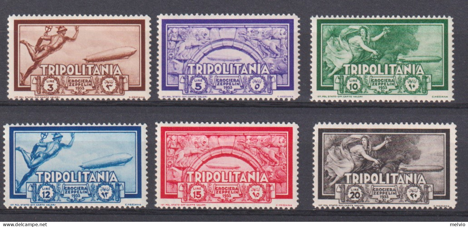 1933-Tripolitania (MNH=**) S.6 Valori Zeppelin - Tripolitaine