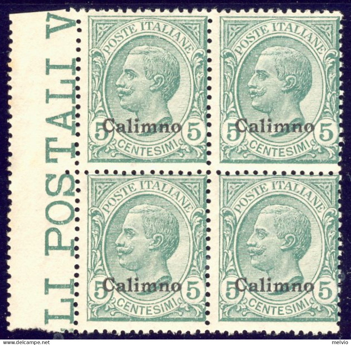 1912-Calimno (MNH=**) Quartina 5c. Leoni Con Bordo Di Foglio Cat.Sassone Euro 30 - Aegean (Calino)