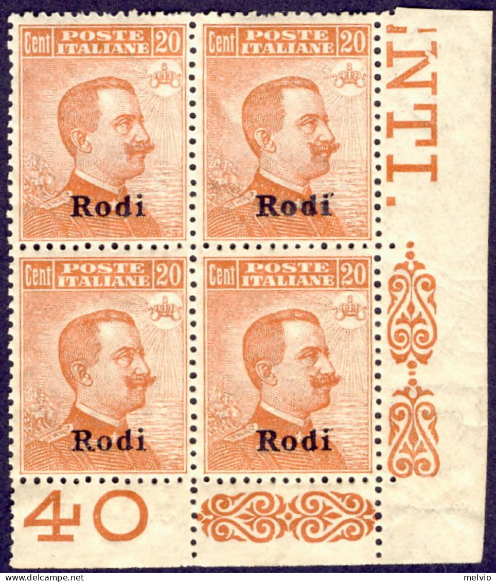 1918-Rodi (MNH=**) Quartina 20c. Michetti Con Angolo Di Foglio Cat.Sassone Euro  - Ägäis (Rodi)