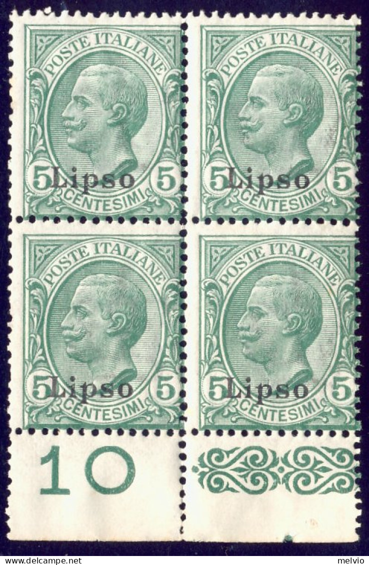 1912-Lipso (MNH=**) Quartina 5c. Leoni Con Bordo Di Foglio - Aegean (Lipso)