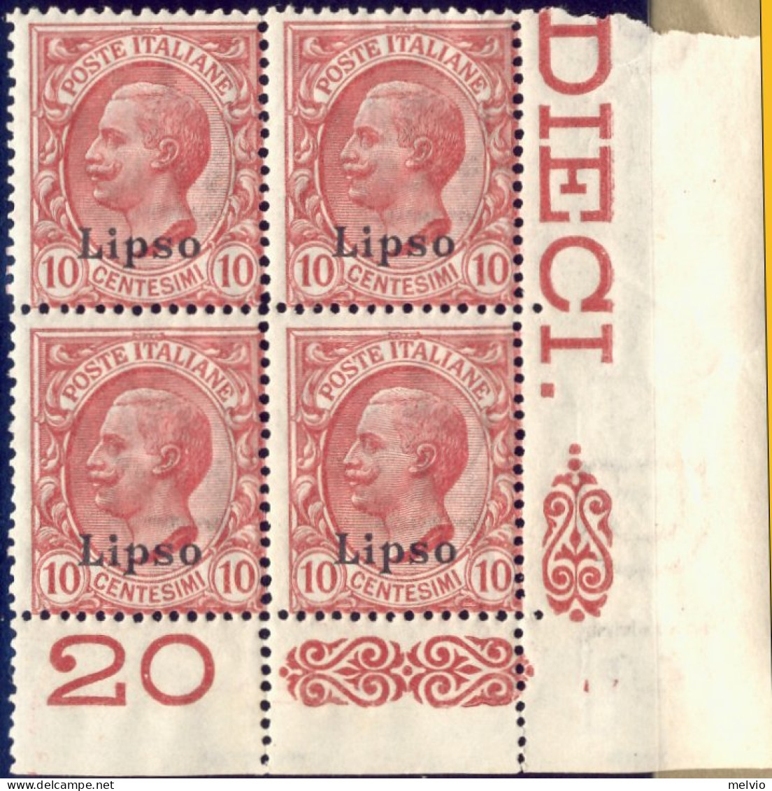 1912-Lipso (MNH=**) Quartina 10c. Leoni Angolo Di Foglio Con Numero Di Tavola Ca - Aegean (Lipso)