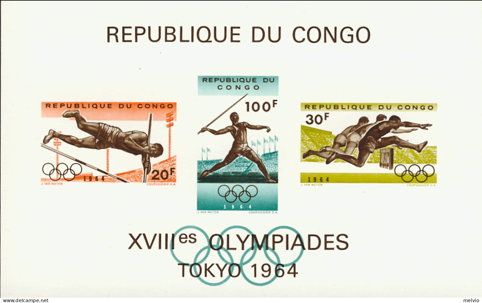 1964-Congo (MNH=**) Foglietto S.3v.non Dentellato "Olimpiadi Di Tokyo"cat.Yvert  - Autres & Non Classés