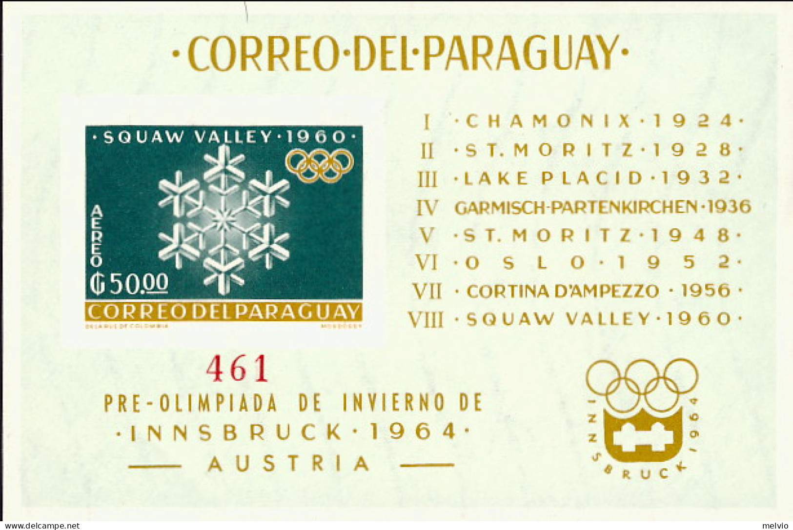 1964-Paraguay (MNH=**) Foglietto Non Dentellato S.1v." Olimpiadi Di Innsbruck" - Paraguay