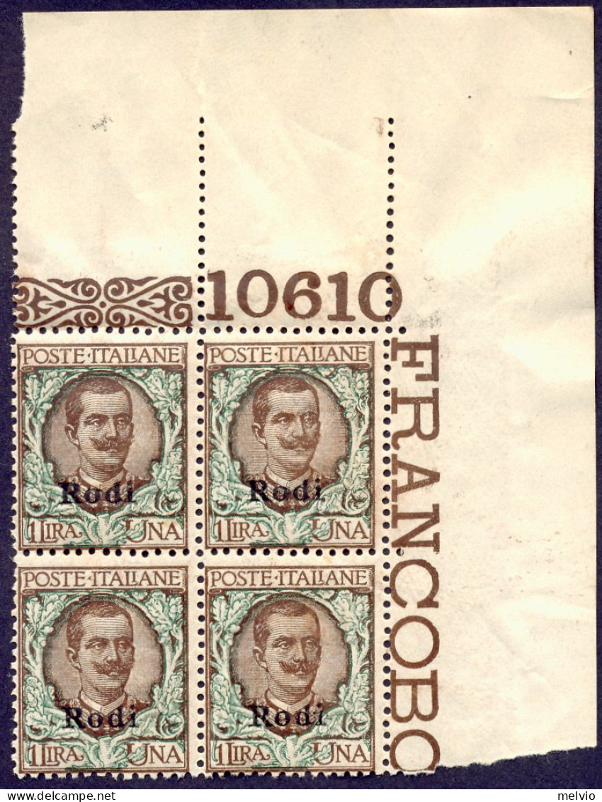 1912-Rodi (MNH=**) Quartina L.1 Floreale Angolo Di Foglio Con Numero Di Tavola C - Egée (Rodi)