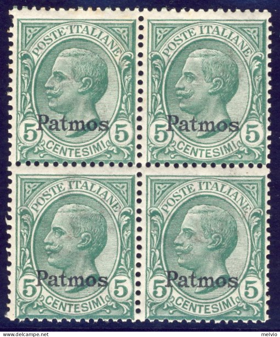 1912-Patmo (MNH=**) Quartina 5c. Leoni Cat.Sassone Euro 50 - Aegean (Patmo)