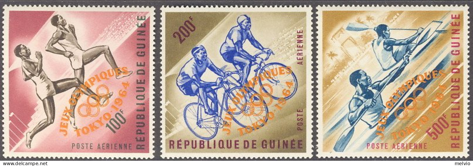 1964-Guinea (MNH=**) S.3v." Olimpiadi Di Tokyo"soprastampa Arancio - Guinée (1958-...)