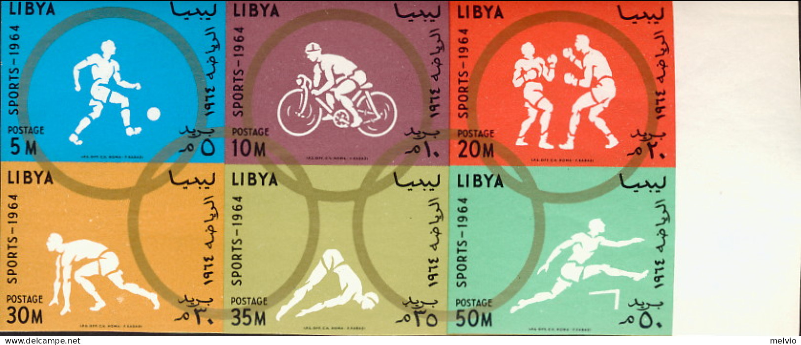 1964-Libia Regno Unito (MNH=**) Blocco S.6v.non Dentellati "Olimpiadi Di Tokyo" - Libya