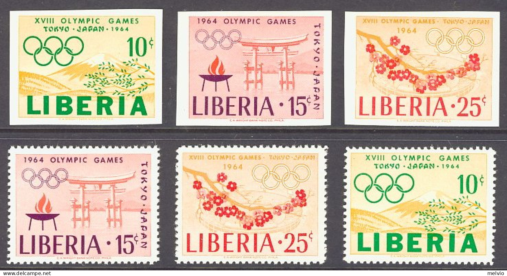 1964-Liberia (MNH=**) S.3v.dentellati + Non Dentellati "Olimpiadi Di Tokyo" - Liberia