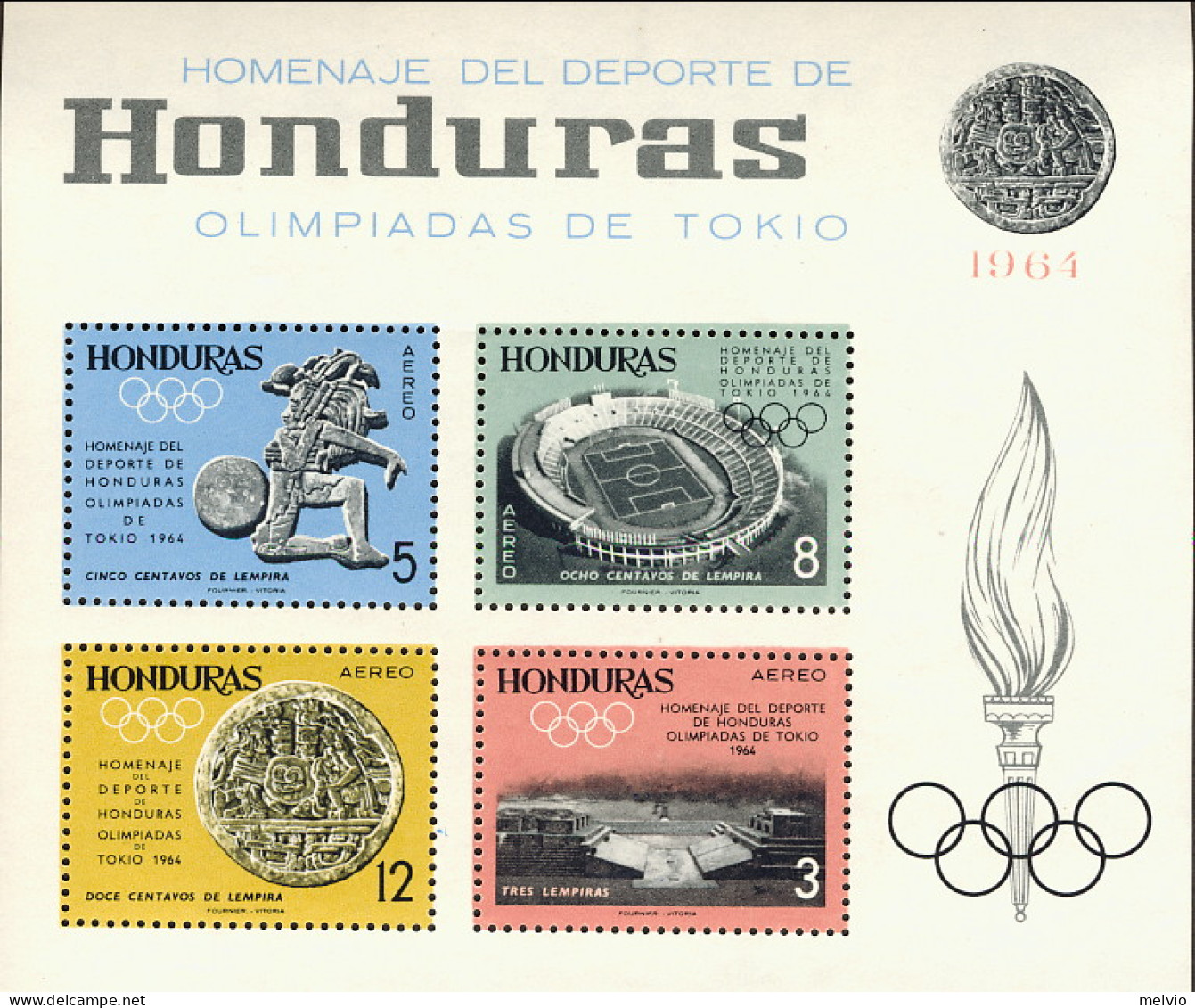 1964-Honduras (MNH=**) Foglietto Numerato S.4v." Olimpiadi Di Tokyo" - Honduras