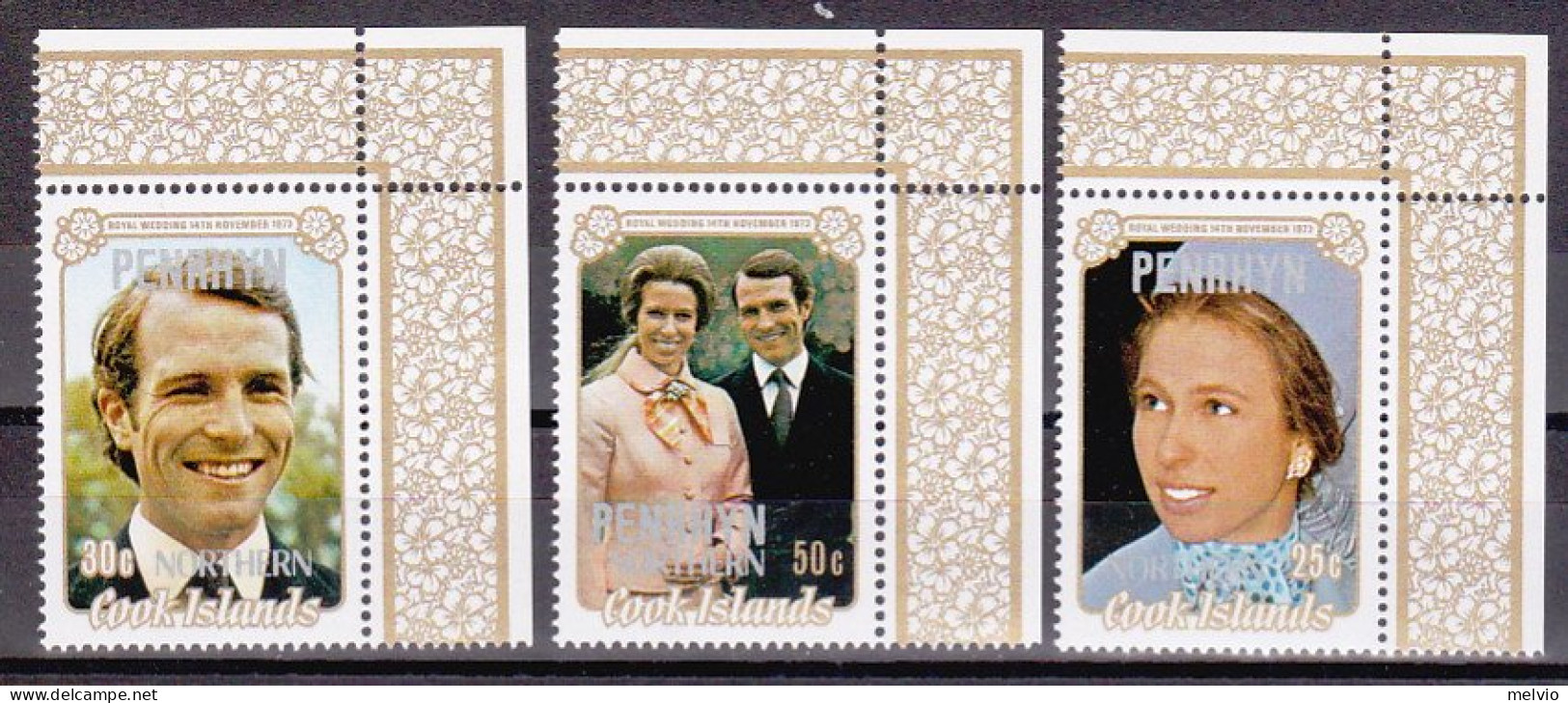 1973-Penrhyn (MNH=**) S.3v."Matrimonio Reale,principessa Anna Phillips" - Penrhyn