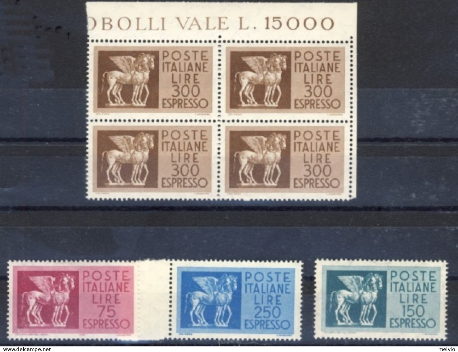 1960circa-Italia (MNH=**) 7 Valori Espressi Cavallo Alato Filigrana Stelle - 1946-60: Nuevos