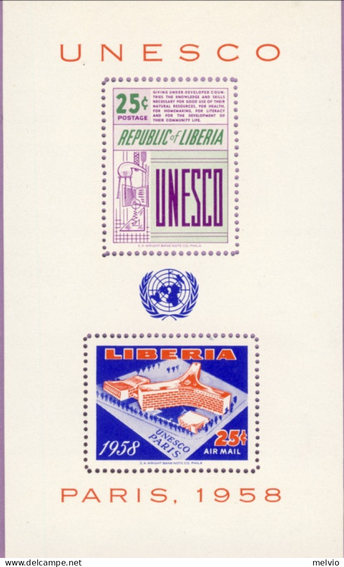 1959-Liberia (MNH=**) Foglietto 2 Valori UNESCO - Liberia
