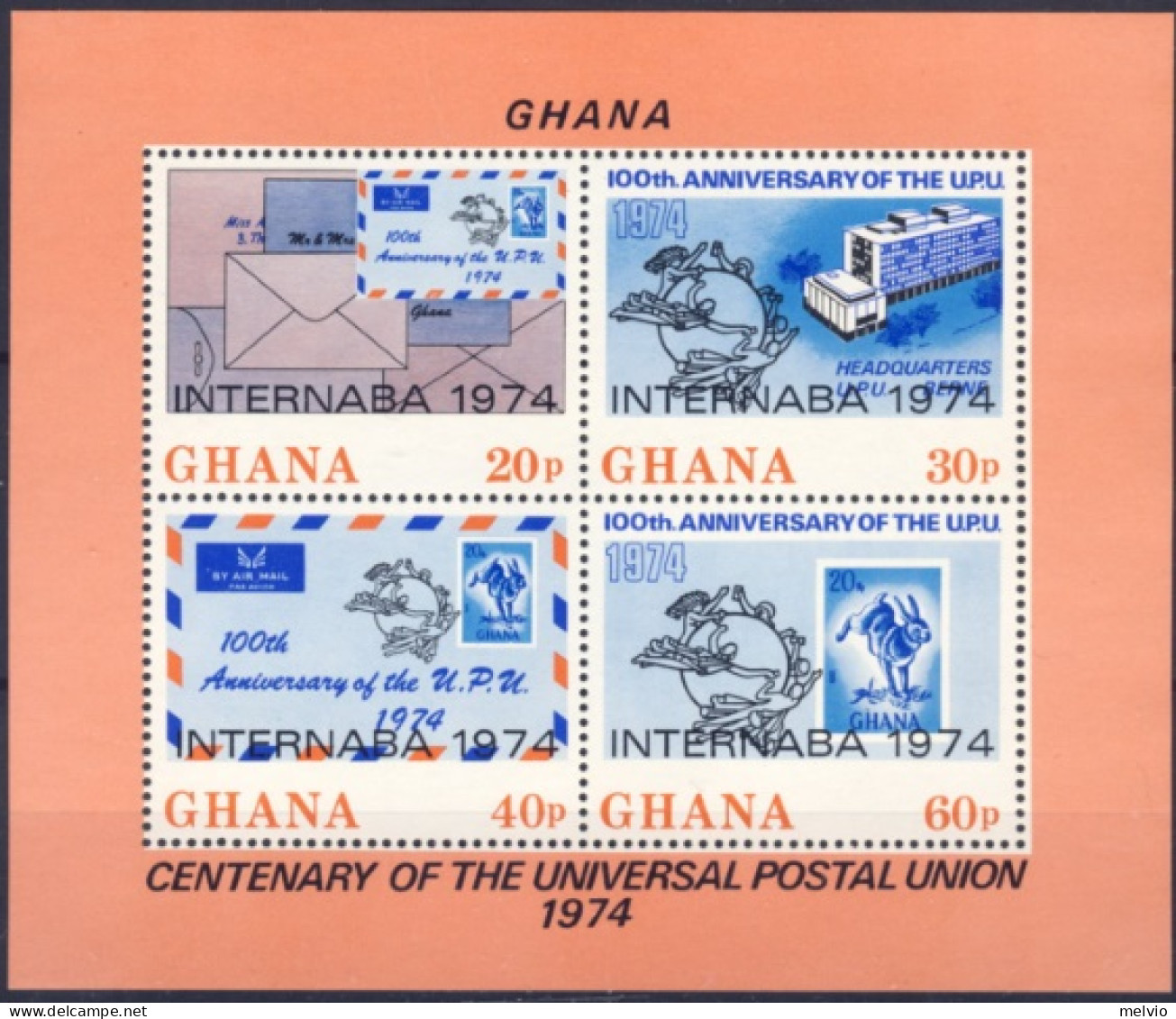 1974-Ghana (MNH=**) Foglietto 4 Valori Centenario UPU Francobollo Su Francobollo - Ghana (1957-...)