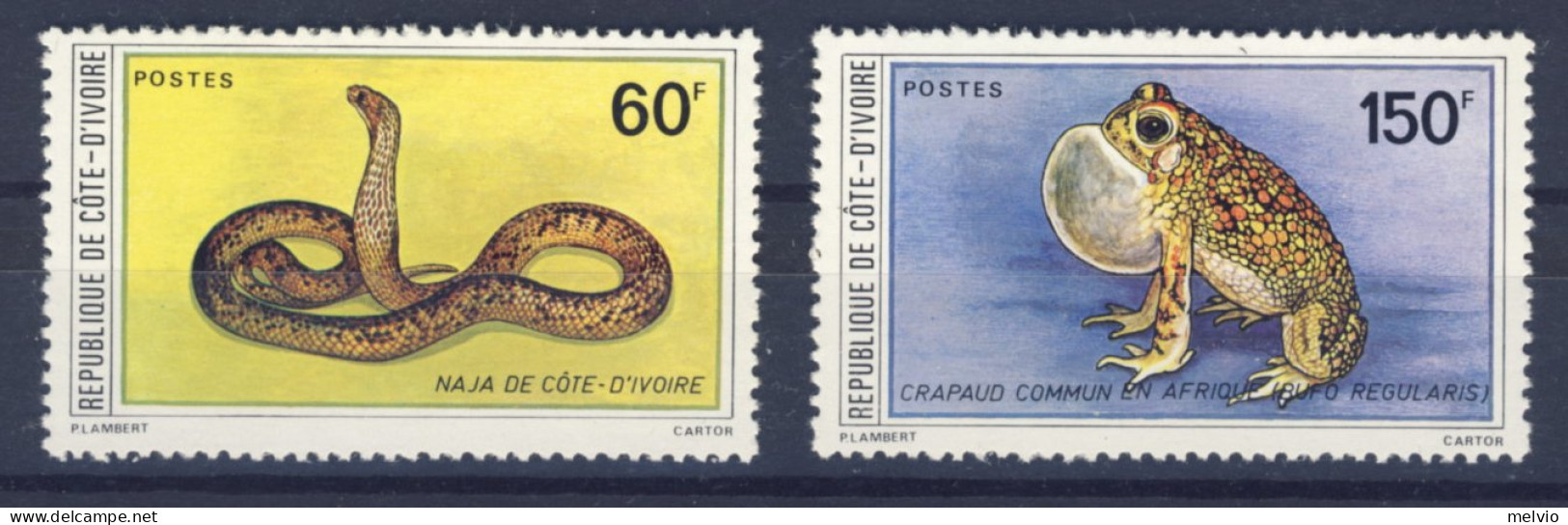 1980-Costa D'Avorio (MNH=**) Serie 2 Valori Serpente,rana - Côte D'Ivoire (1960-...)