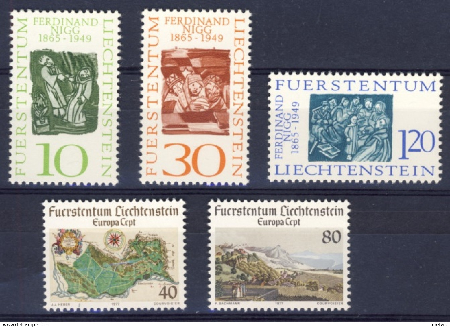 1965/77-Liechtenstein (MNH=**) 2 Serie 5 Valori Dipinti F.Nigg, Europa - Unused Stamps