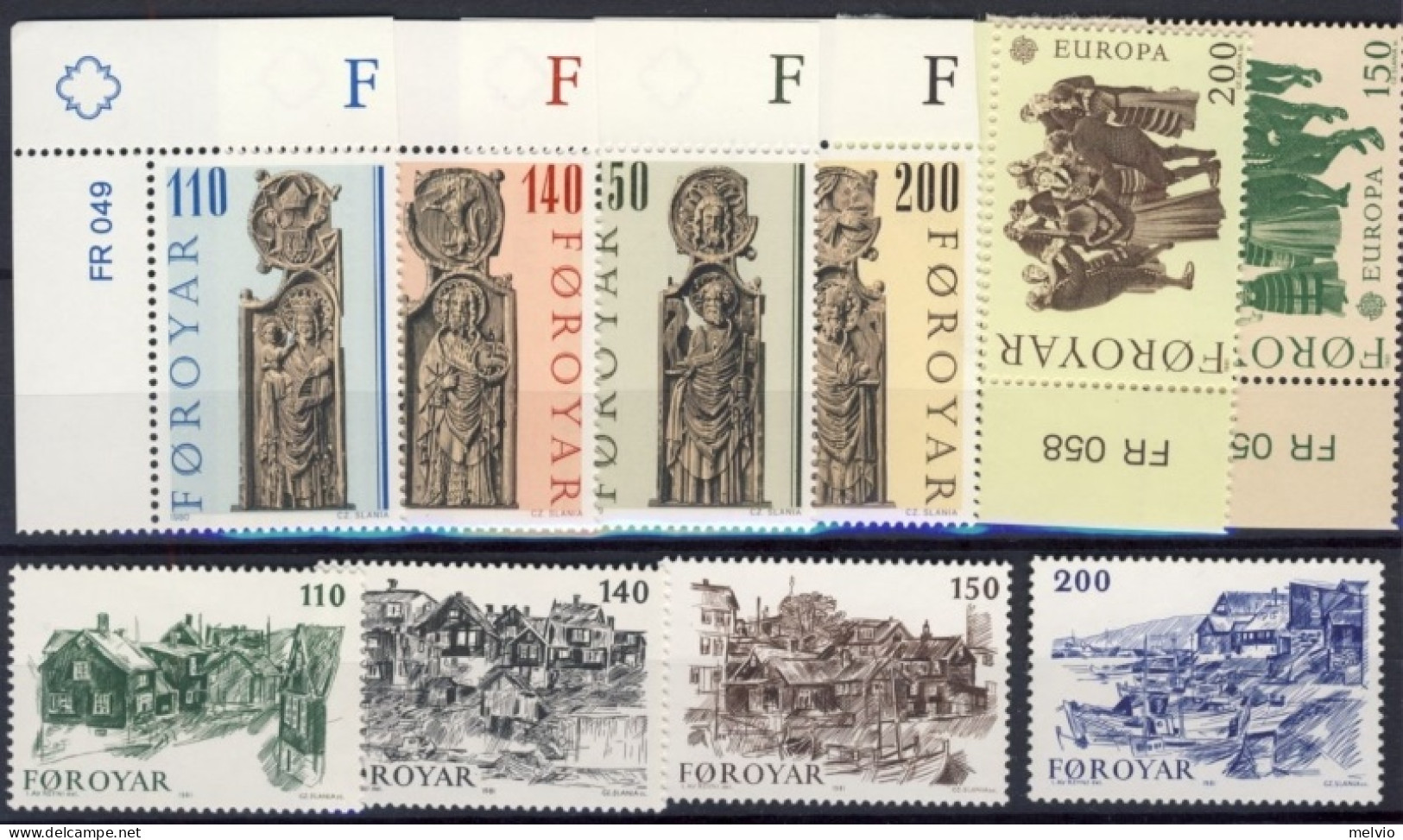 1980/1-Faeroer (MNH=**) 3 Serie 10 Valori Europa,intagli Lignei,vedute - Faeroër