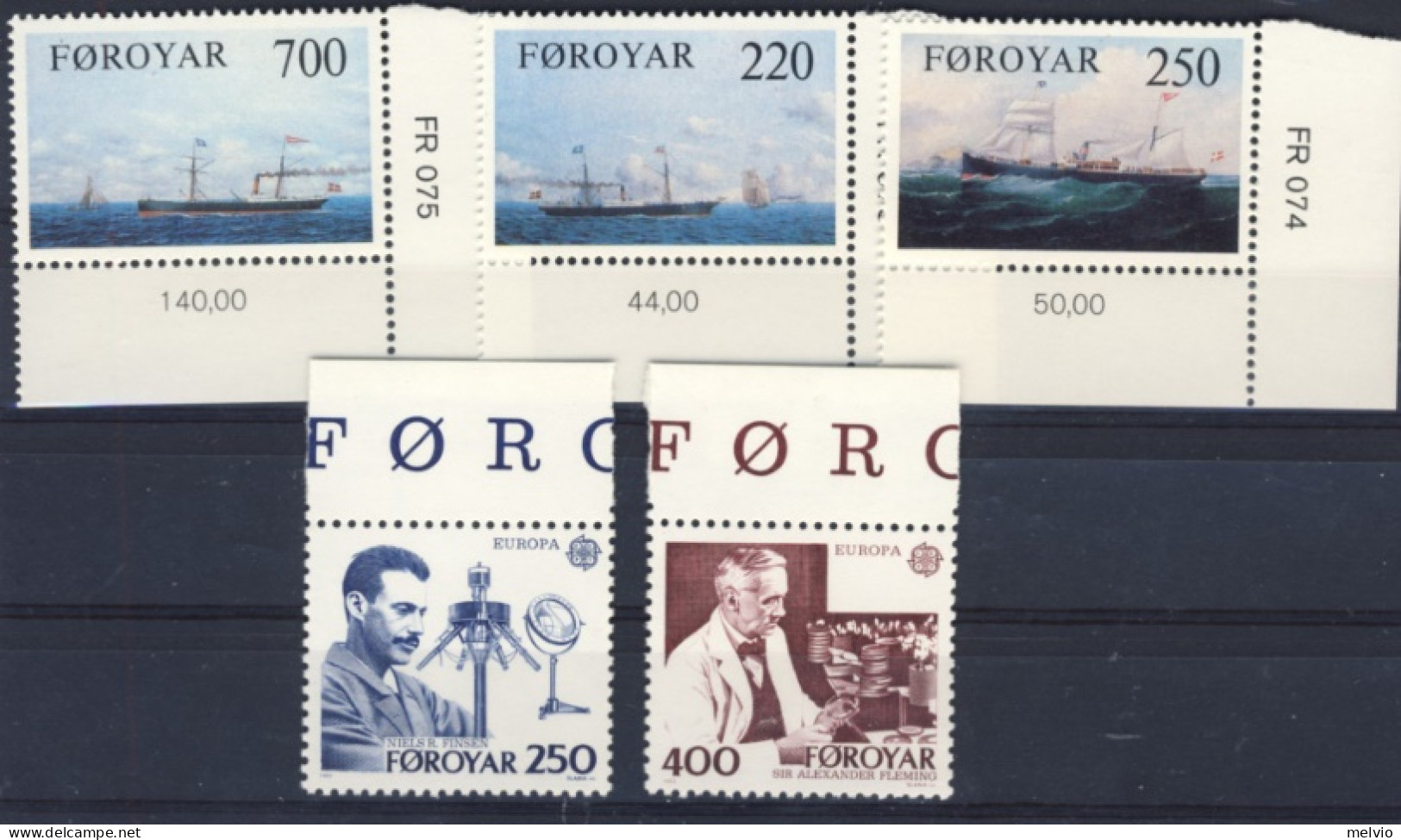 1983-Faeroer (MNH=**) 2 Serie 5 Valori Antiche Navi A Vapore,opere Del Genio Uma - Faroe Islands