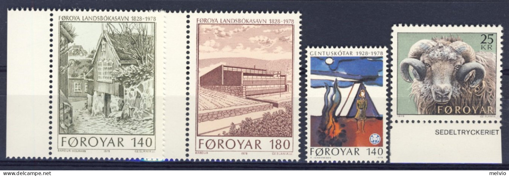 1978-Faeroer (MNH=**) 3 Serie 4 Valori Biblioteca Nazionale,scout,montone - Faroe Islands
