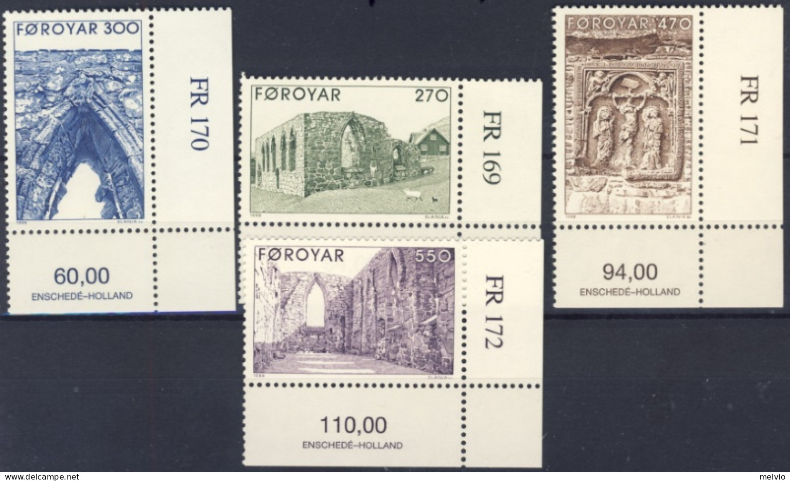 1988-Faeroer (MNH=**) Serie 4 Valori Rovine Della Chiesa Kirkjubor - Färöer Inseln