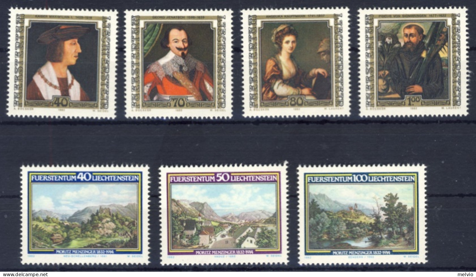 1982-Liechtenstein (MNH=**) 2 Serie 7 Valori Dipinti,ritratti Di Famosi Visitato - Ungebraucht
