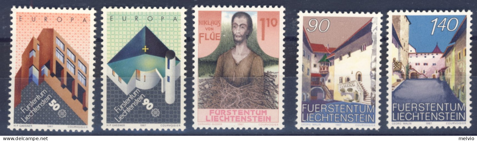1987-Liechtenstein (MNH=**) 3 Serie 5 Valori Europa,vedute - Unused Stamps