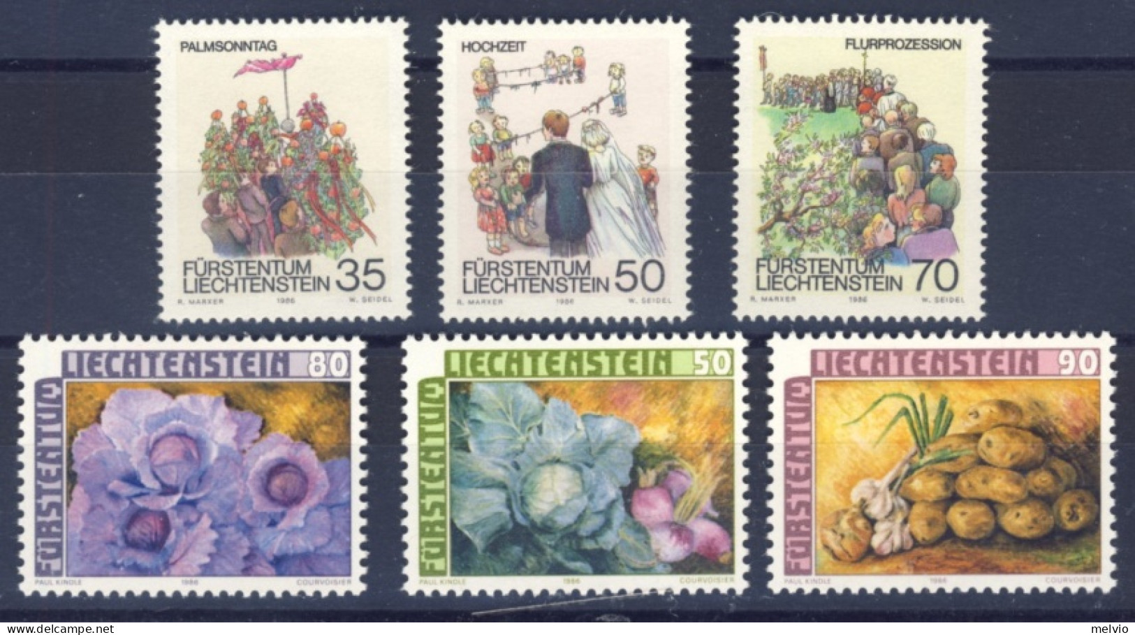 1986-Liechtenstein (MNH=**) 2 Serie 6 Valori Tradizioni,frutti Dei Campi - Neufs