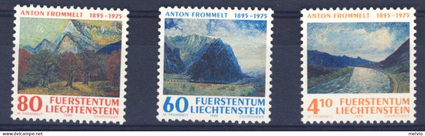 1995-Liechtenstein (MNH=**) Serie 3 Valori Dipinti Anton Frommelt - Neufs