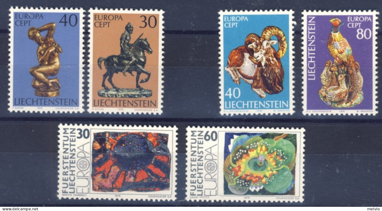 1975/6-Liechtenstein (MNH=**) 3 Serie 6 Valori Europa Sculture Dipinti - Unused Stamps