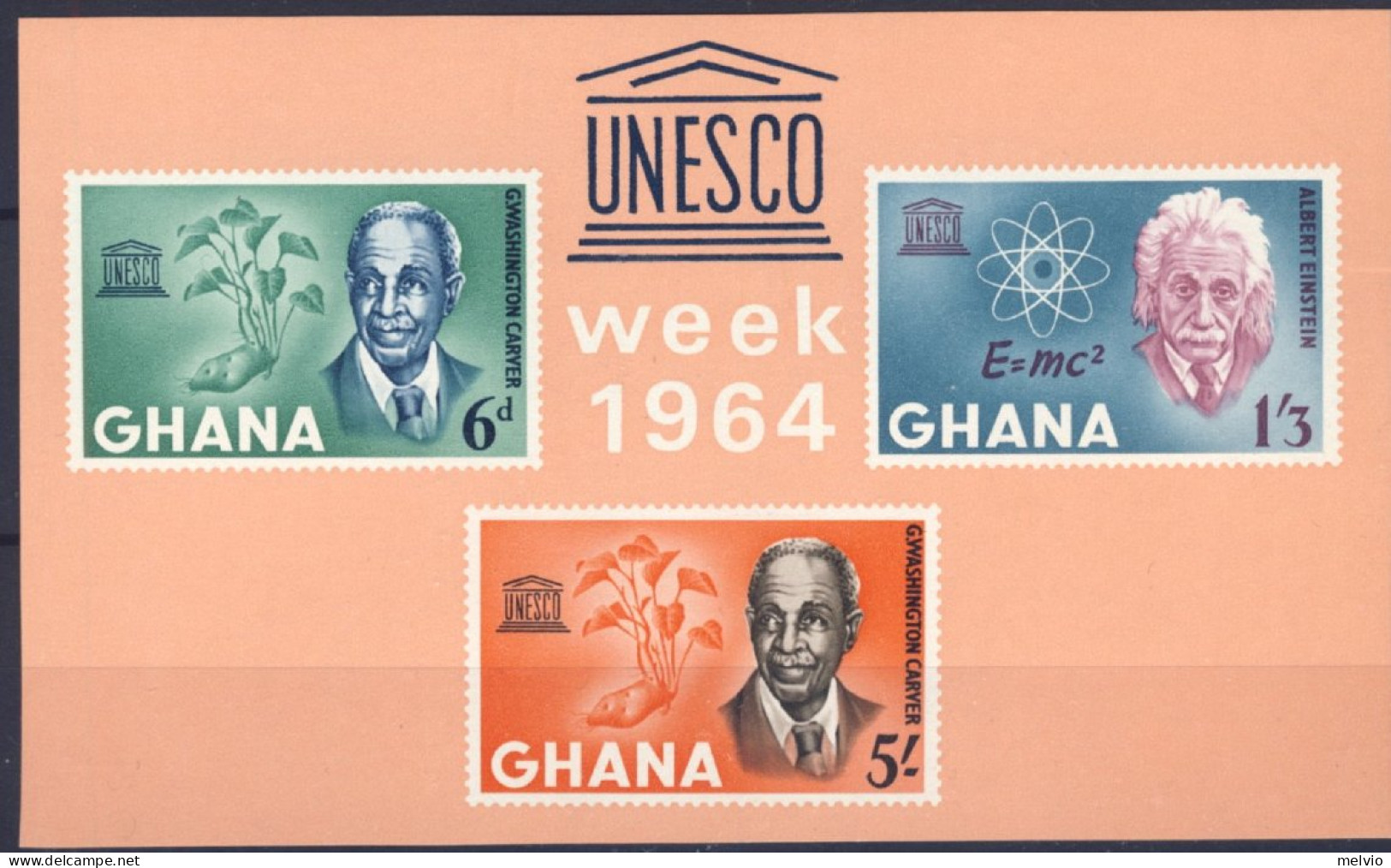 1964-Ghana (MNH=**) Foglietto 1 Valore Unesco, Einstein, Carver - Ghana (1957-...)