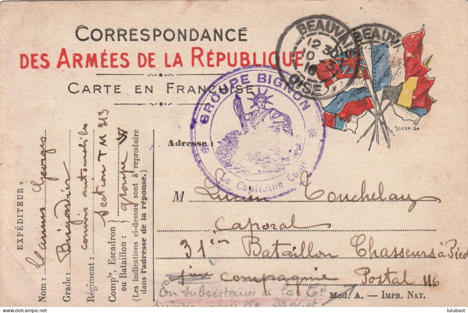 BEAUVAIS - CP " Aux Drapeaux " - Cachet Violet Du "GROUPE BIGNON." Déesse Assise. - Guerra De 1914-18