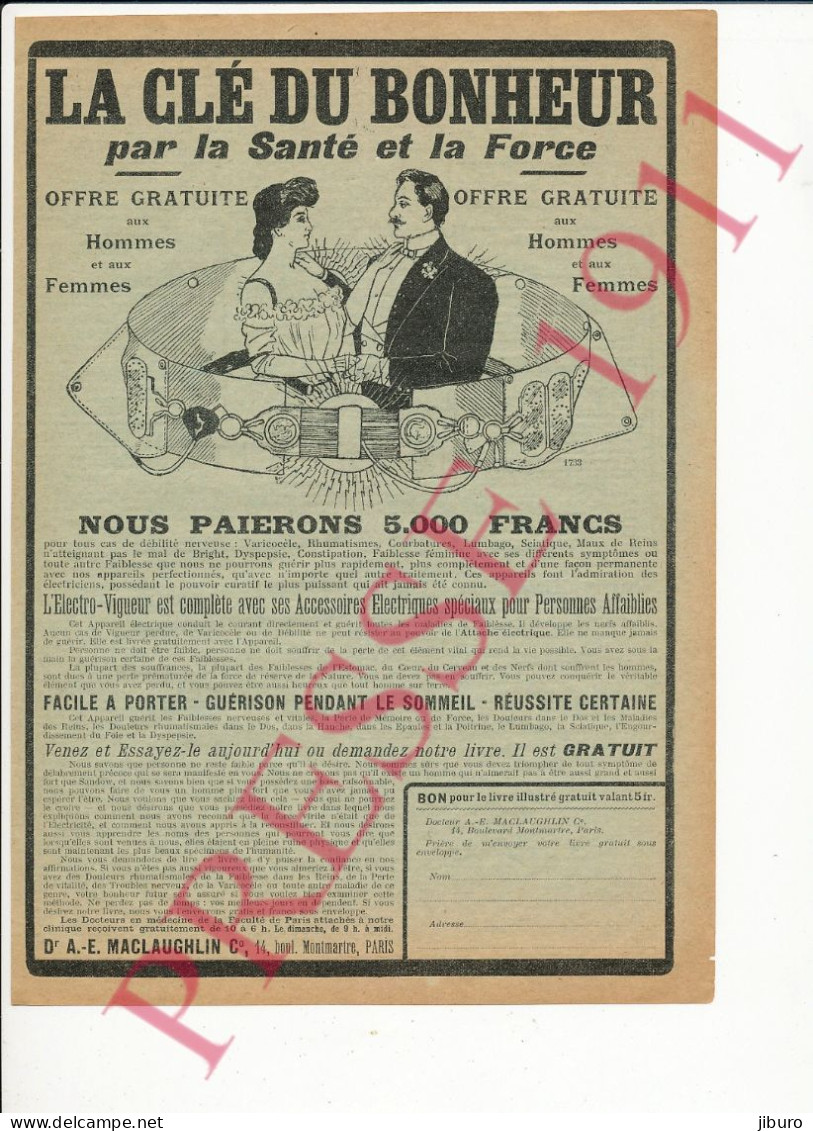 Publicité 1911 Maclaughlin La Clé Du Bonheur Electro-vigueur (Ceinture) Thème Appareil électrique Médical - Publicités