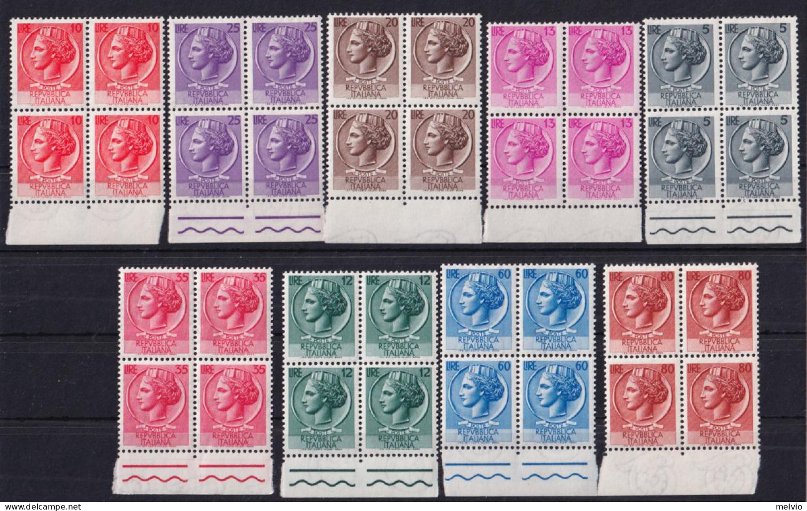 1953 (MNH=**) Siracusana Filigrana Ruota Blocchi Quattro Serie Completa Nuova Go - 1946-60: Neufs