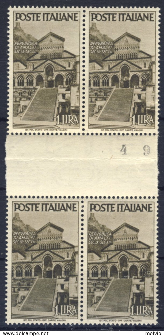 1946-Italia (MNH=**) Quartina L.4 Repubbliche Medievali Con Interspazio Di Grupp - 1946-60: Mint/hinged