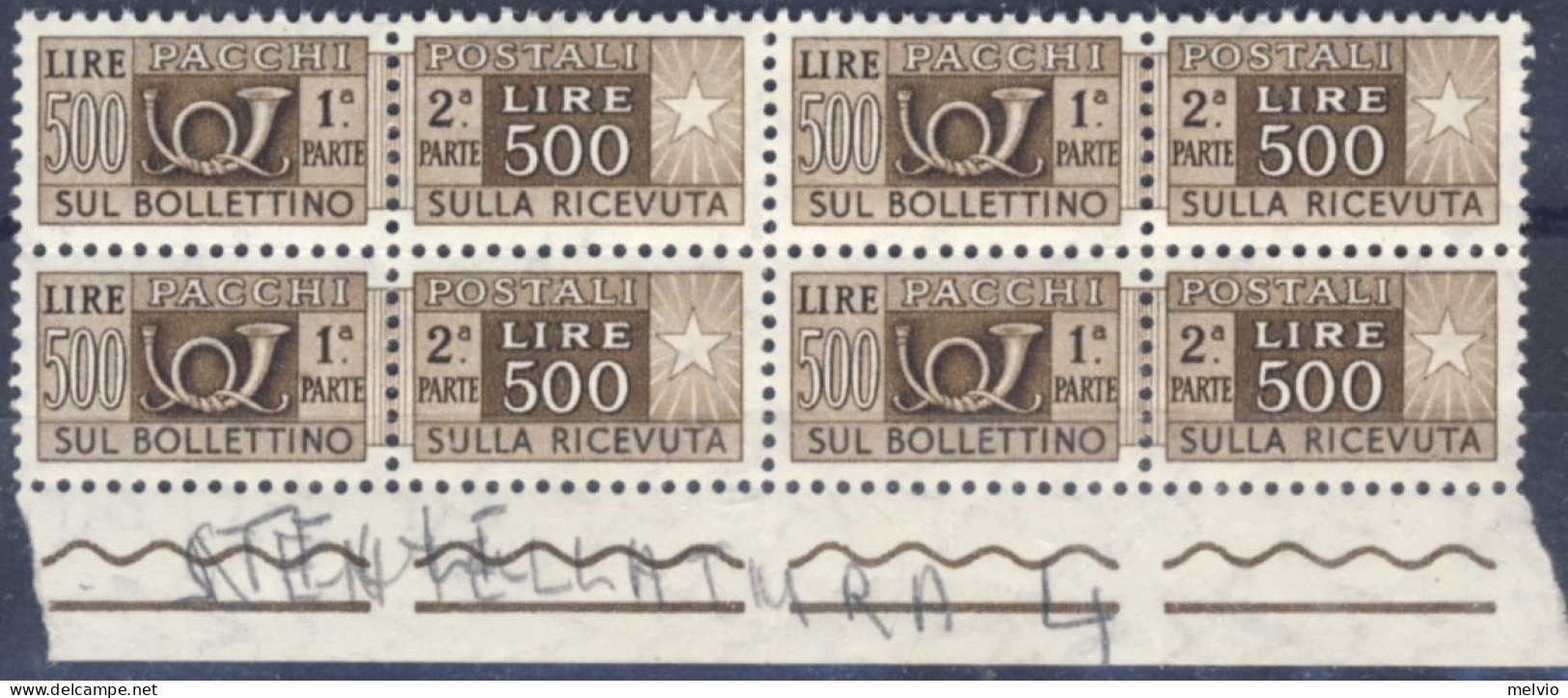 1955/79-Italia (MNH=**) Quartina Pacchi Postali L.500 Corno Di Posta Filigrana S - 1946-60: Neufs