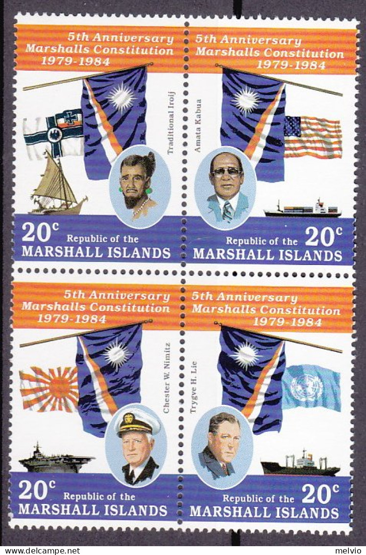 1984-Marshall (MNH=**) S.4v."anniversario Della Costituzione,illustri" - Marshalleilanden