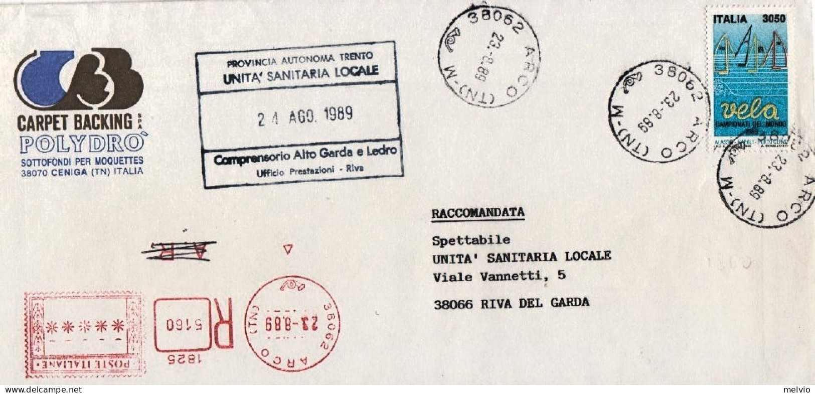 1989-CAMPIONATI VELA Lire 3050 Isolato Su Raccomandata - 1981-90: Marcophilia