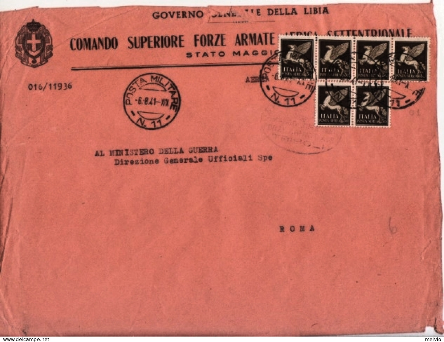 1941-Posta Militare N.11 C.2 (6.8) Su Busta Rossa Affrancata Con PA Sei C.50 - Marcophilie