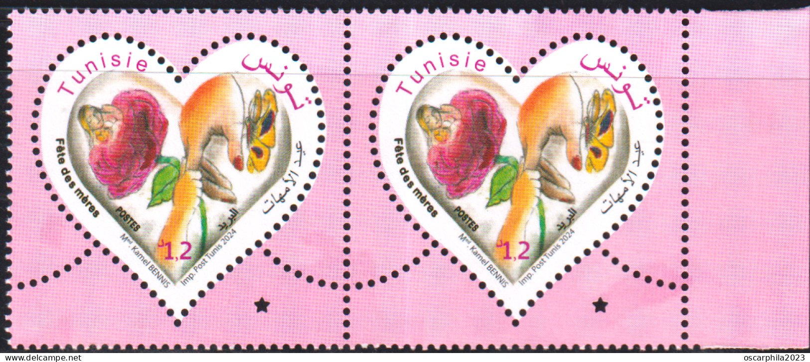 2024-Tunisie- Fête Des Mères -Femme- Enfant- Rose- Papillon- Mains- En Paire 2v   -.MNH****** - Rosen