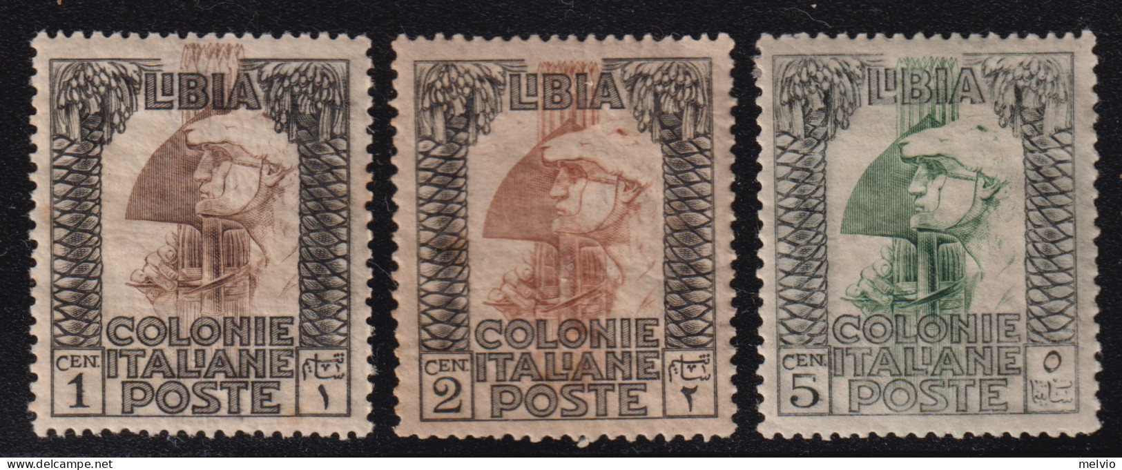 1921-Libia (MNH=**) 1c. + 2c. + 5c. Pittorica (21/3) - Libye