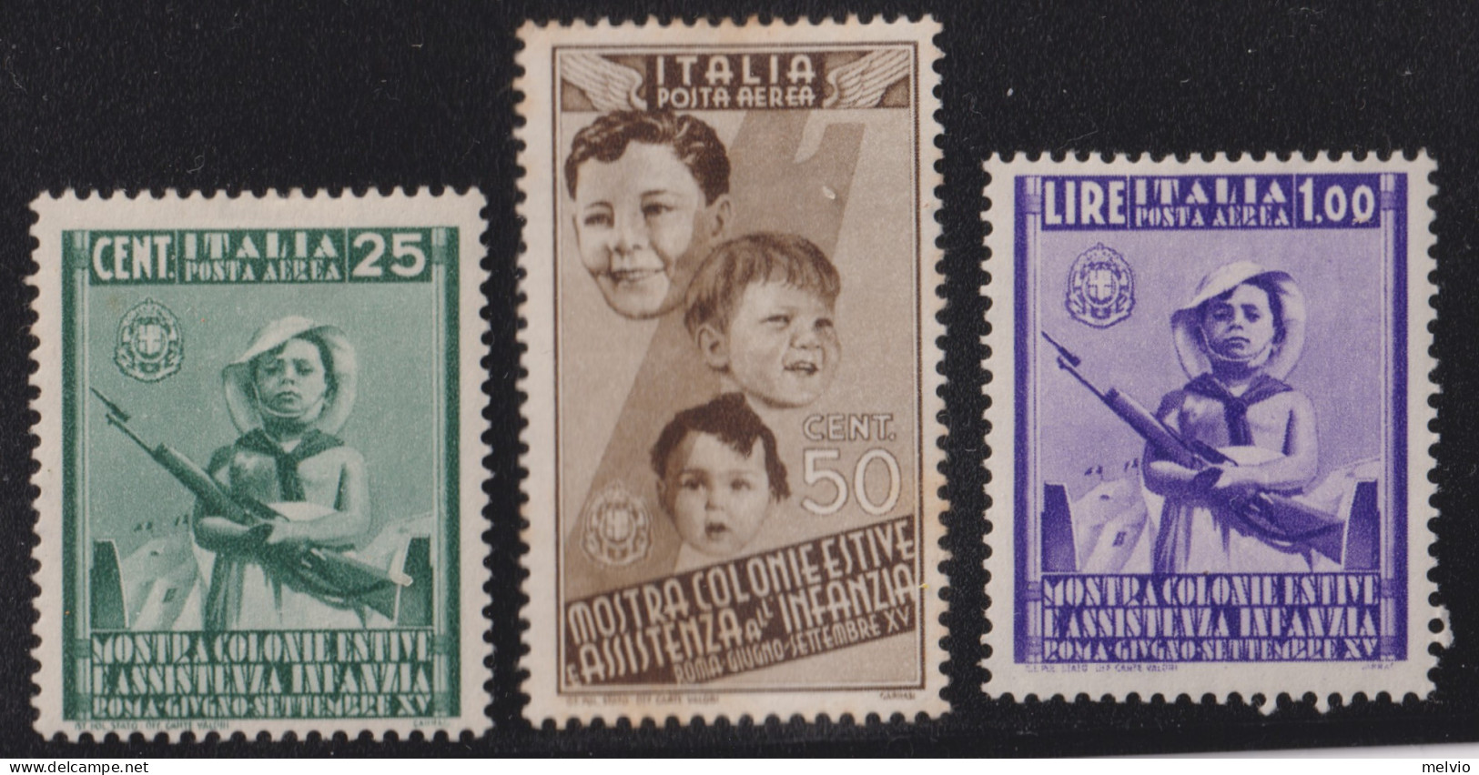 1937-Italia (MLH=*) Posta Aerea 3 Valori Colonie Estive - Neufs