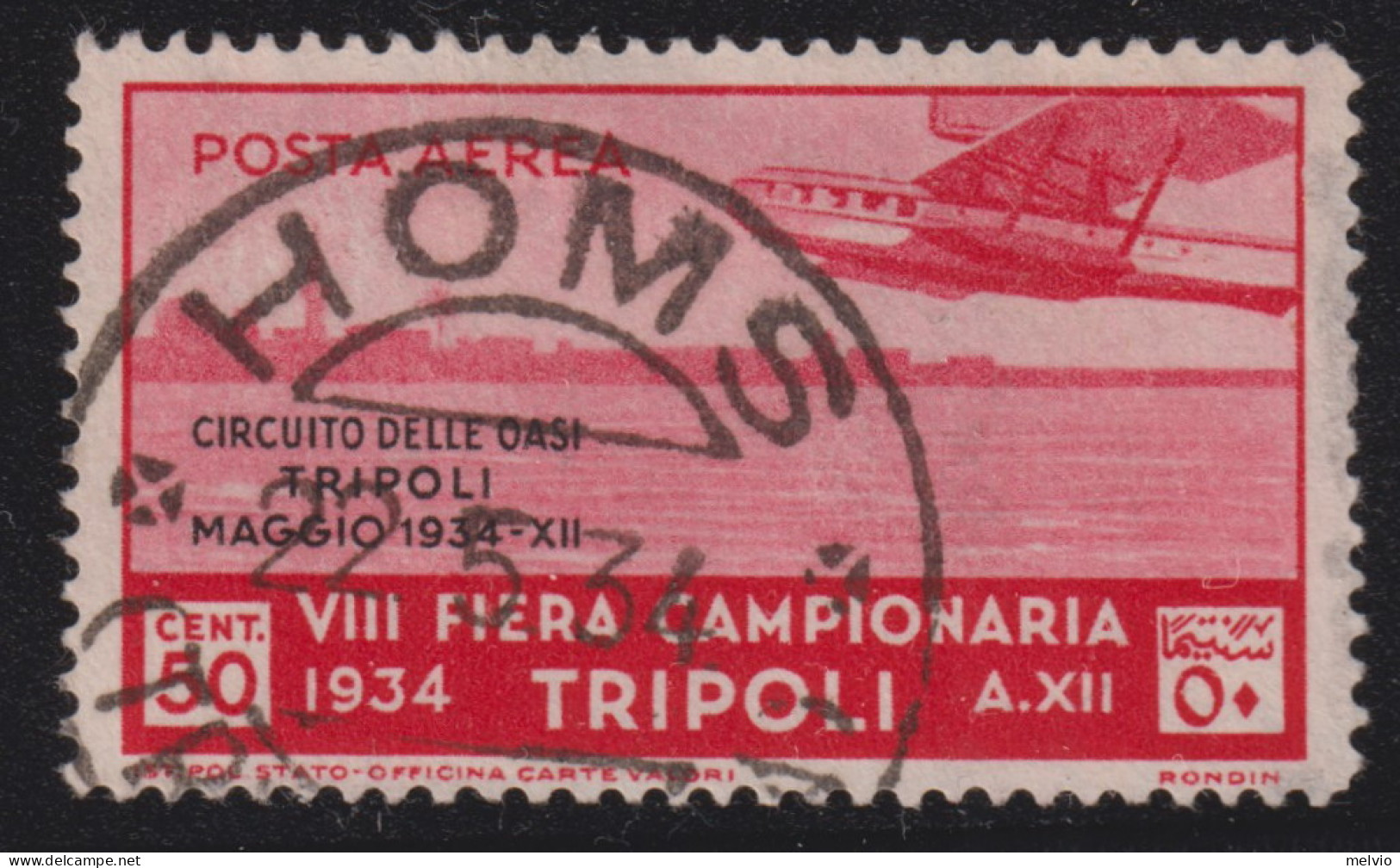 1934-Tripolitania (O=used) Posta Aerea 50c. Circuito Delle Oasi Con Annullo Di F - Tripolitania