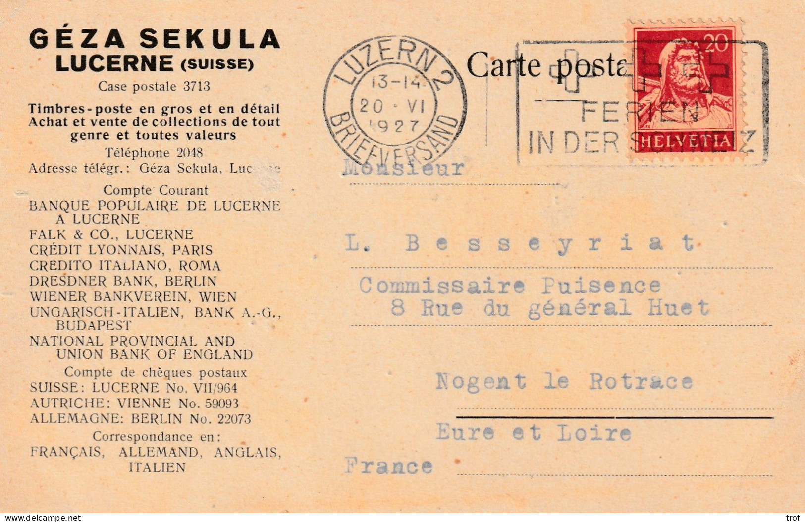Flamme FERIEN INDER SCHWEZ, Tad LUZERN BRIEEVERSAND Du 20VI 1927. Carte Postale Privée - Covers & Documents
