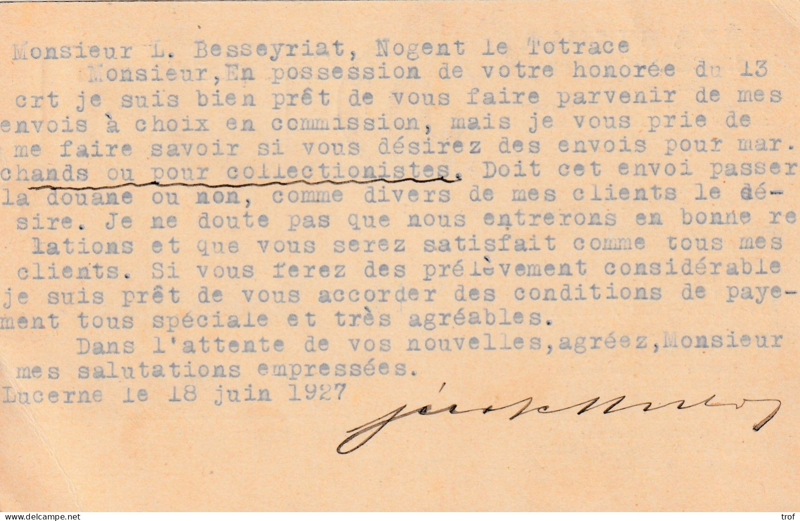 Flamme FERIEN INDER SCHWEZ, Tad LUZERN BRIEEVERSAND Du 20VI 1927. Carte Postale Privée - Lettres & Documents