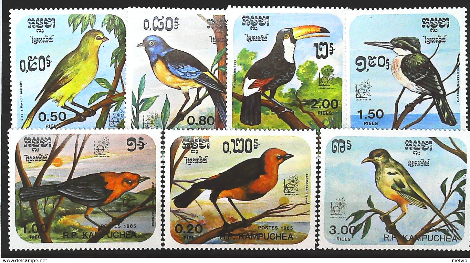 1985-Cambogia (MNH=**) Serie 7 Valori Uccelli - Cambodge