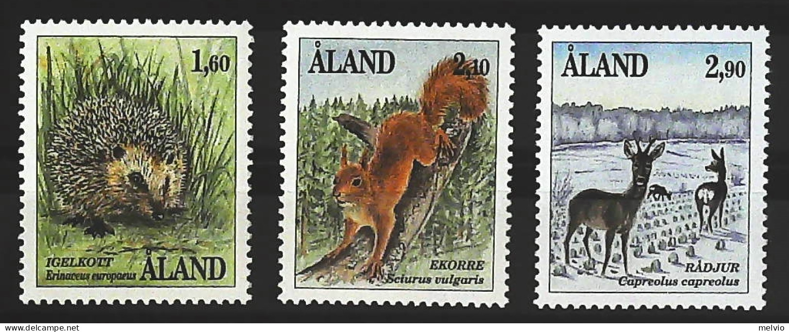 1991-Aland (MNH=**) Serie 3 Valori Porcospino Scoiattolo Capriolo - Ålandinseln